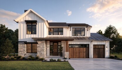 Modern two-story house with white siding, dark trim, stone accents, and wood garage doors