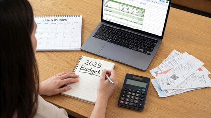 Fototapeta premium A young businesswoman works on a laptop in an office while using a calculator and pen to organize financial documents, tax forms, and paper accounting reports