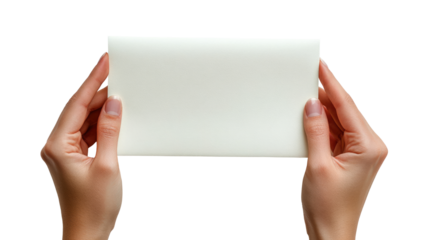 Hands holding a rectangular white card or paper centered in the image with visible fingers and skin solid white background and no background