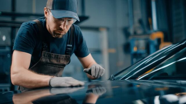 Medium shot of an auto glass repair professional inspecting a minor chip before applying a sealing solution to maintain windshield integrity.
