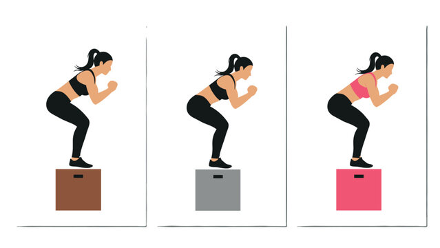 Female fitness jump squat on box trio in flat style