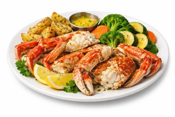 A delicious platter of crab legs served with lemon wedges and roasted potatoes.