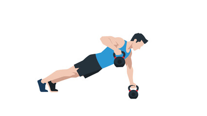 Obraz premium Man performing renegade row exercise with kettlebells in flat design