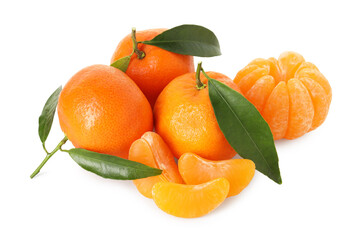 Peeled and unpeeled tangerines isolated on white