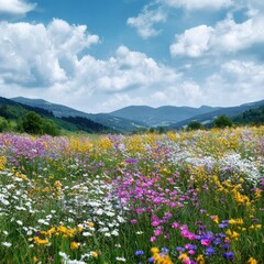 Obraz premium Vibrant wildflower meadow under blue sky in mountain landscape