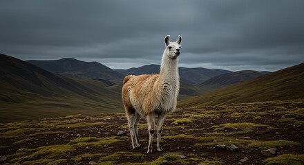 Obraz premium A gentle llama standing majestically on a high plateau, its thick wool blending with the rugged, natural landscape around it ,cute ,profile ,fuzzy