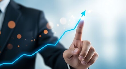 Businessman pointing at a rising graph, symbolizing growth, success, and positive financial trends in a business context