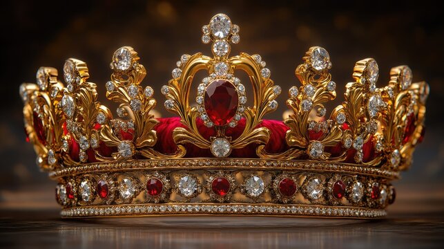 Luxury Golden Crown with Red Gemstones and Diamonds