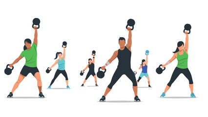 Group fitness training with kettlebells by diverse individuals in modern flat design
