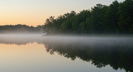 Fototapeta premium A perfectly still water surface mirroring the soft green forest edge during a peaceful, misty dawn, evoking deep tranquility and calm ,relaxation ,dawn ,morning