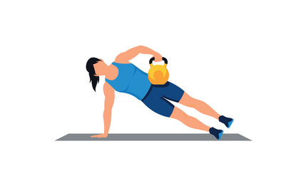 Woman performing side plank with kettlebell for fitness routine