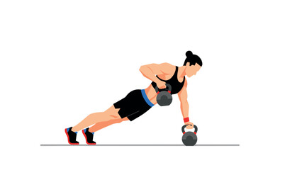 Fitness enthusiast performing kettlebell plank rows in flat style