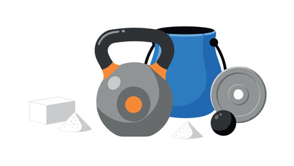 Flat style gym equipment: kettlebell, chalk, and weights for modern fitness