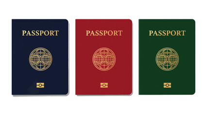 Naklejka premium 3D realistic vector collection of passports in green, red, and blue.