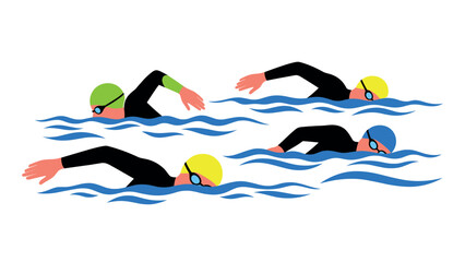 Team of swimmers competing in open water race with colorful caps and goggles