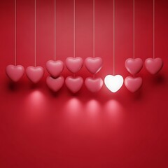 Glowing white heart among pink hearts on red background for love celebration