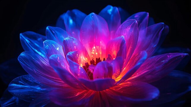 A luminous abstract flower with layered translucent petals glowing in vibrant neon colors, including electric blue, magenta, violet, cyan, and fiery orange,perfect for oled display with vibrant colors