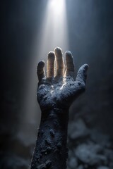 hand reaching up through dust and light