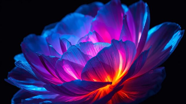 A luminous abstract flower with layered translucent petals glowing in vibrant neon colors, including electric blue, magenta, violet, cyan, and fiery orange,perfect for oled display with vibrant colors