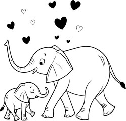 Elephant Love – Parent and Child Cartoon Line Art © Rezowan 