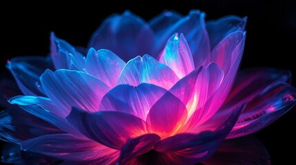 A luminous abstract flower with layered translucent petals glowing in vibrant neon colors, including electric blue, magenta, violet, cyan, and fiery orange,perfect for oled display with vibrant colors