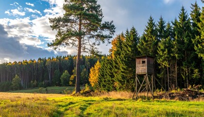 Elevated wooden hunting blind on stilts at forest edge overlooking grassy clearing with single tall tree