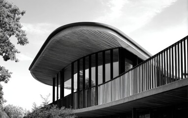 Obraz premium Modern architectural structure featuring a curved roof, glass walls, and a wood facade