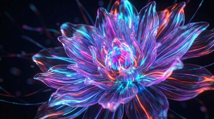 A luminous abstract flower with layered translucent petals glowing in vibrant neon colors, including electric blue, magenta, violet, cyan, and fiery orange,perfect for oled display with vibrant colors