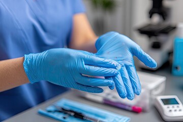 A medical professional dons blue gloves in a clinical setting with other tools and equipment present