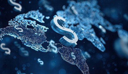 Global currency concept Sparkling dollar signs over a stylized, pixelated world map
