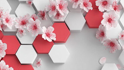 Pink cherry blossoms bloom on a modern geometric background with red hexagons
