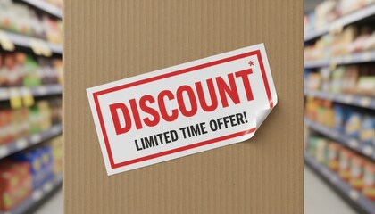 Close up of a Discount Sticker on a Cardboard Box in a Blurry Supermarket Aisle, Offering a Limited Time Deal