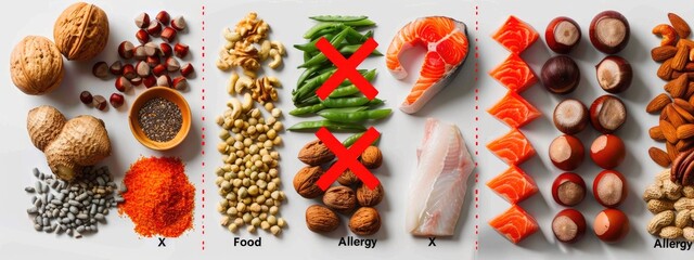 Food Allergy and Safe Nutrition Concept with Marked Products and Ingredients Flat Lay