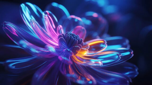 A luminous abstract flower with layered translucent petals glowing in vibrant neon colors, including electric blue, magenta, violet, cyan, and fiery orange,perfect for oled display with vibrant colors