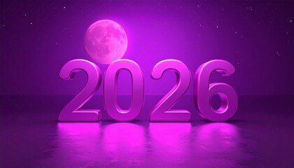 3D Metallic Pink 2026 Numbers Illuminated by a Full Moon and Stars new year