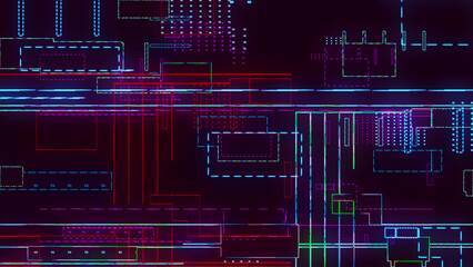 Electronic computing technologies. Processor chip on a printed circuit board, digitalization of neural networks, and cloud computing. Complex digital circuit in vector.