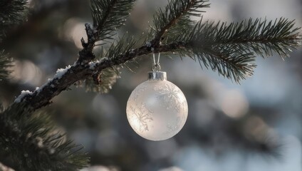A frosted glass ornament with snowflake designs hangs from a snowy evergreen bough
