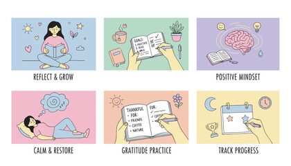 Illustrated set of daily wellness habits goal setting gratitude reading and positive selfcare routine