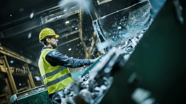 Medium shot of a technician operating machinery to process leftover aluminum showcasing advanced recycling technology and onsite sustainability efforts.