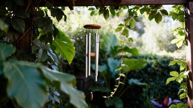 Medium shot of wind chimes gently swaying among lush greenery focusing on auditory elements in a serene sensory garden space.