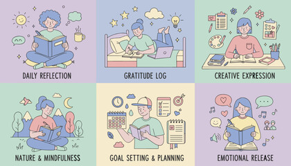 Fototapeta premium Selfcare and productivity routines journaling goal setting creative expression and reflection in vector illustration