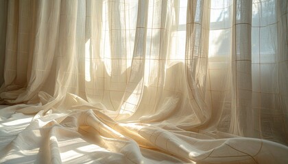 Sheer grid-patterned curtains with sunlight filtering through, creating soft shadows and delicate texture