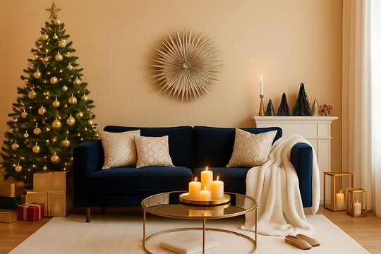 Festive Living Room With Christmas Tree And Cozy Decor