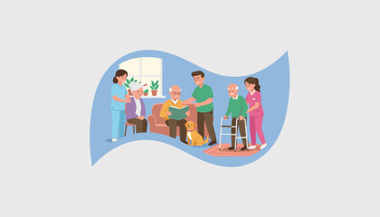 Professional caregivers assisting happy elderly people in a bright senior living environment illustration