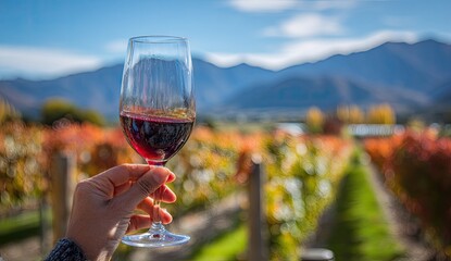 A hand holds up a glass of red beverage in front of a vineyard and distant mountains