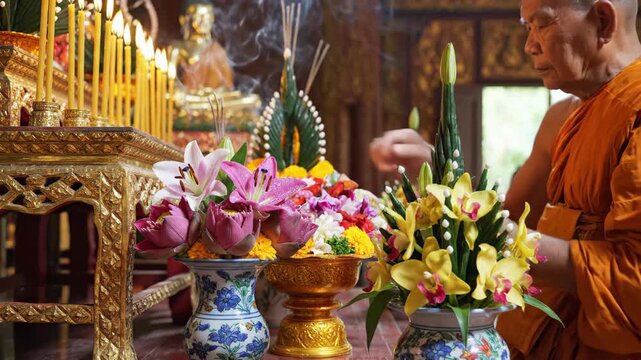 A warm close-up captures a buddhist monk offering vibrant flowers and lighting incense during a sacred temple ritual.