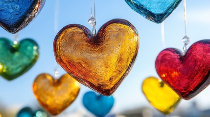 Colorful glass hearts held aloft against a blue sky