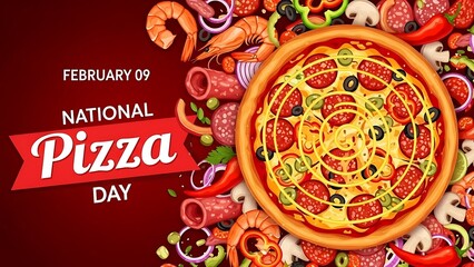 National Pizza Day Illustration for February 9 with Various Ingredients and Toppings