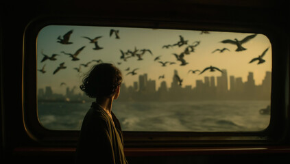 Woman gazes at flock of birds and city skyline from ferry window