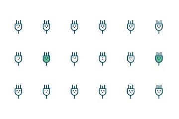 A collection of green electrical plug icons with smiling faces on a white background